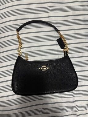 Coach Black Pebbled Leather Shoulder Bag with Gold-Tone Chain